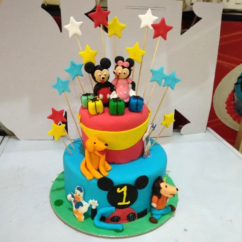 Mickey & Minnie Mouse Theme 2 Tier Fondant Cake Delivery in Noida