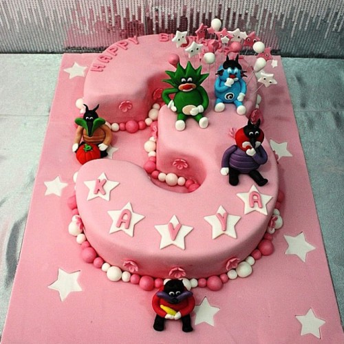 3 Number Oggy & Cockroaches Pink Cake Delivery in Noida