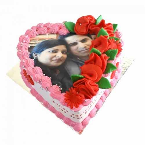 Pink Heart Flower Photo Cake Delivery in Noida