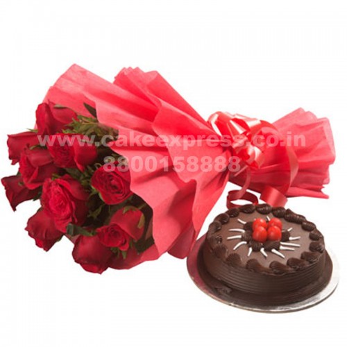 Chocolate Cake & Red Roses Bouquet Delivery in Noida
