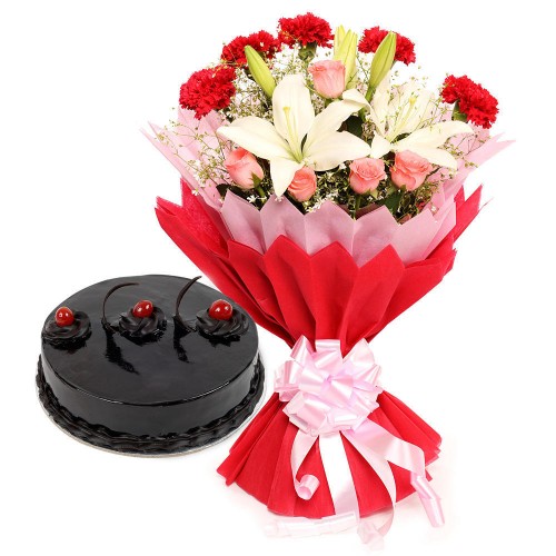 Enchanted Bloom Cake & Flower Combo Delivery in Noida