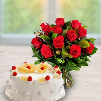 Pineapple Cake And 10 Red Rose Combo Pineapple Cake And 10 Red Rose Combo