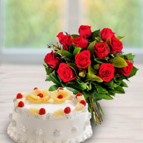 Pineapple Cake And 10 Red Rose Combo Delivery in Noida