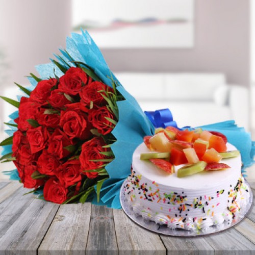 Red Roses N Fruity Treat Combo Delivery in Noida