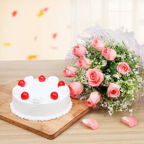 Vanilla Cake With Pink Roses Delivery in Noida