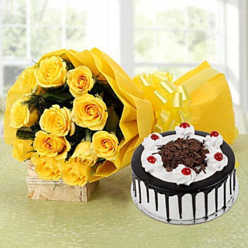 Yellow Roses Bouquet & Black Forest Cake Delivery in Noida