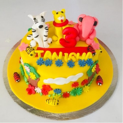Animal Theme Yellow Fondant Cake Delivery in Noida