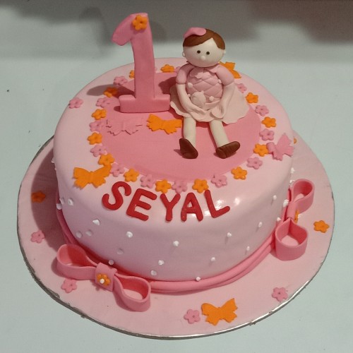 Girl 1st Birthday Pink Fondant Cake Delivery in Noida