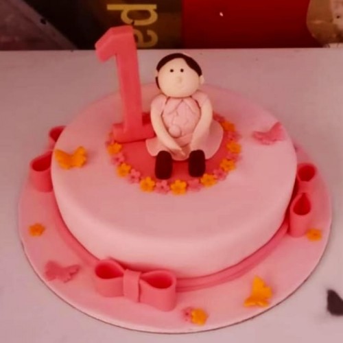 Little Girl 1st Birthday Pink Fondant Cake Delivery in Noida