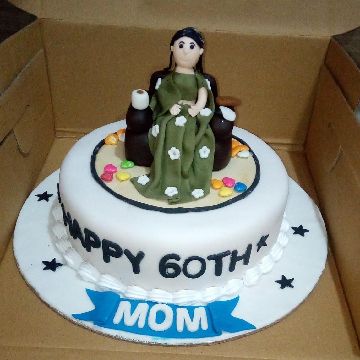 Online Mom 60th Birthday Fondant Cake Delivery in Noida